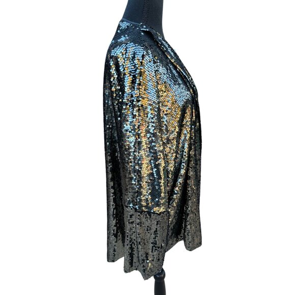 Gee Gee Sequin Open Front Jacket Duster Cardigan M Black Gold Formal Party Disco - Picture 3 of 11